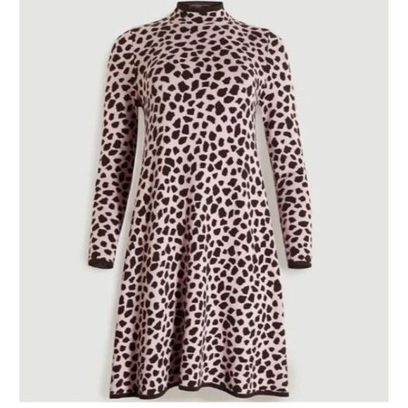 Ann Taylor Giraffe Print Mock Neck Sweater Mini Dress in Pink/Black - Picture 2 of 9